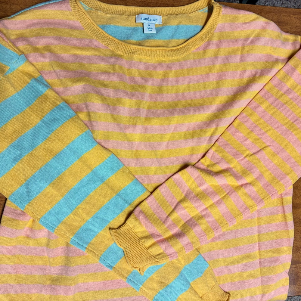 Sundance Yellow, Pink & Blue Striped Crew Neck Sweater